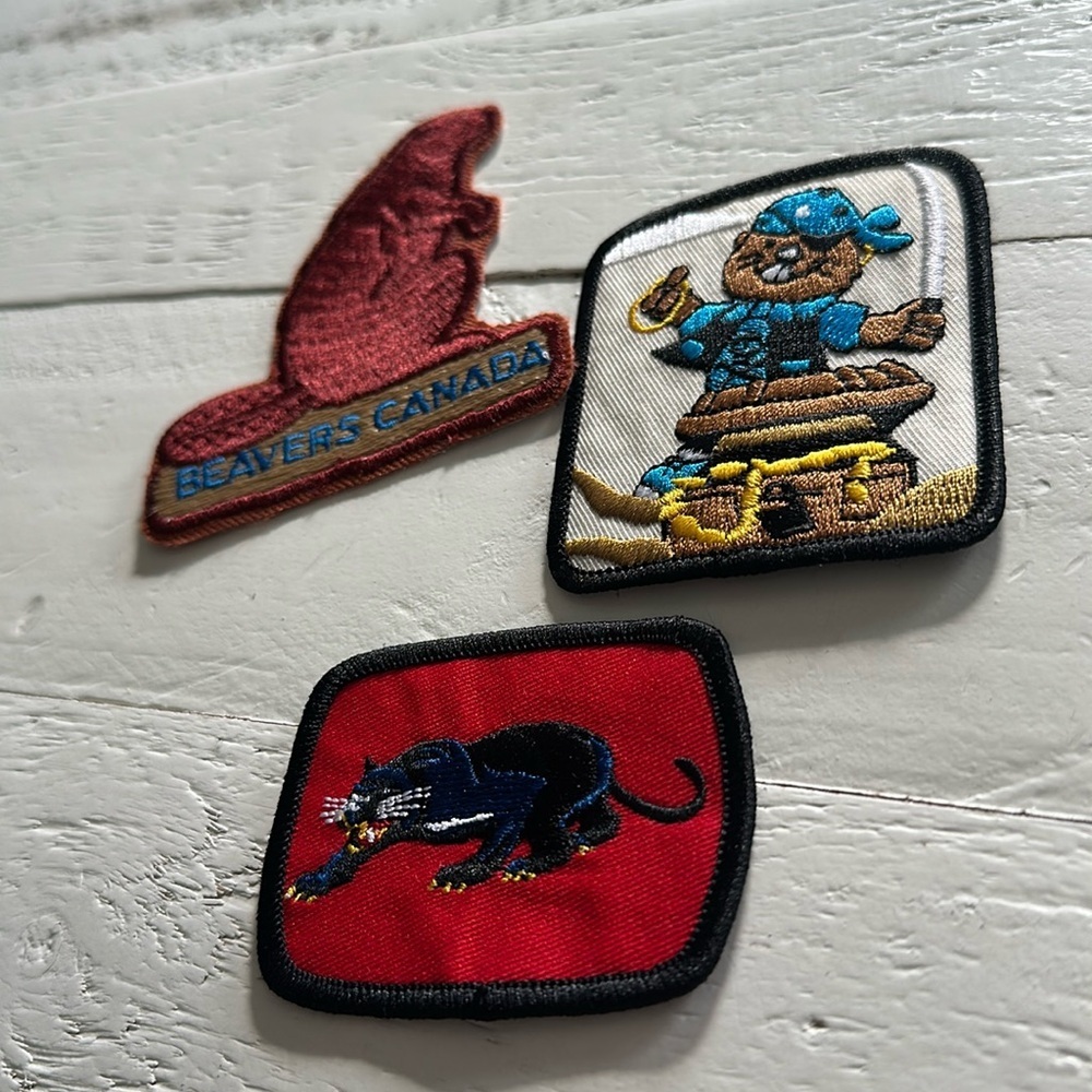 3 Boy Scout appliques, intended for sewing or ironing onto fabric Beaver,Scouts